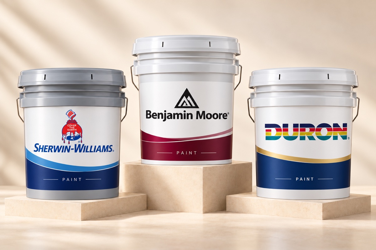 Illustrative studio display of Sherwin-Williams, Benjamin Moore and Duron paint buckets