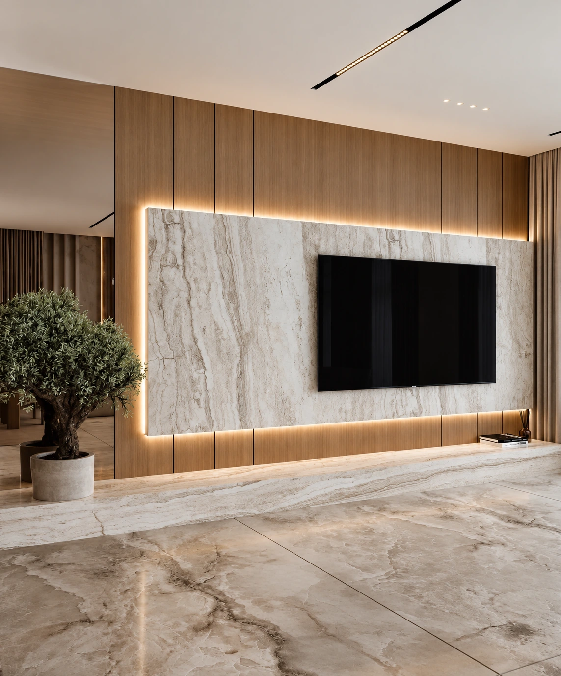 Wood-panelled media wall with illuminated stone-effect surround and a floating console