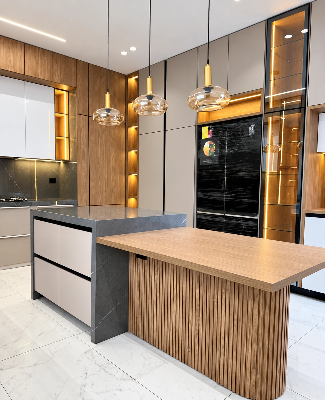 Kitchen with wood finishes, glass-front cabinets, worktop and pendant lights